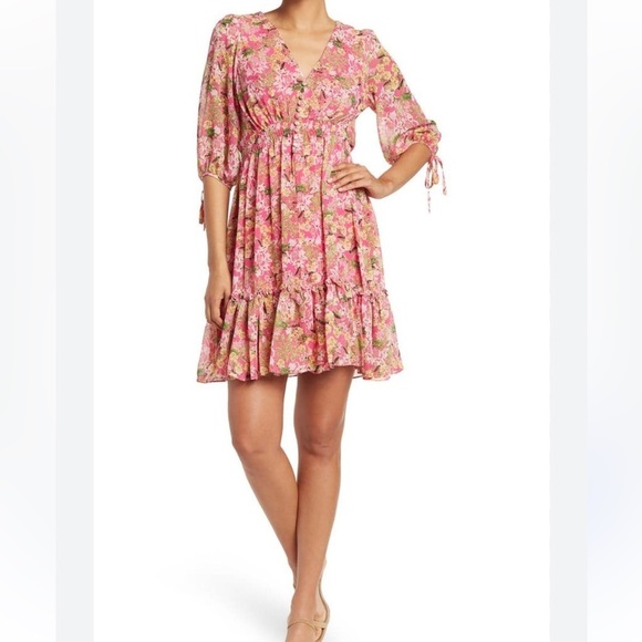 Pink long sleeve, sheer, V neck, peasant sleeve, ruffled, Floral Midi Dress - Picture 1 of 10